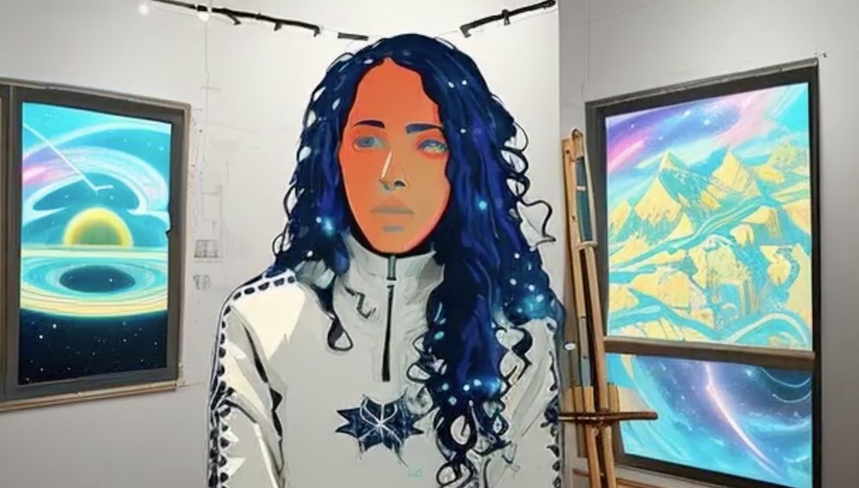 A stylized illustration of Asmara Beraki, who has dark blue, wavy hair adorned with twinkling lights. She is wearing a white jacket with a geometric star pattern on the chest. Asmara is in an art studio with two large windows open with a view that depicts a vivid space scene, with a planet, rings, a black hole, and a colorful mountain landscape. An easel stands to the left of the window on the right side of the frame.