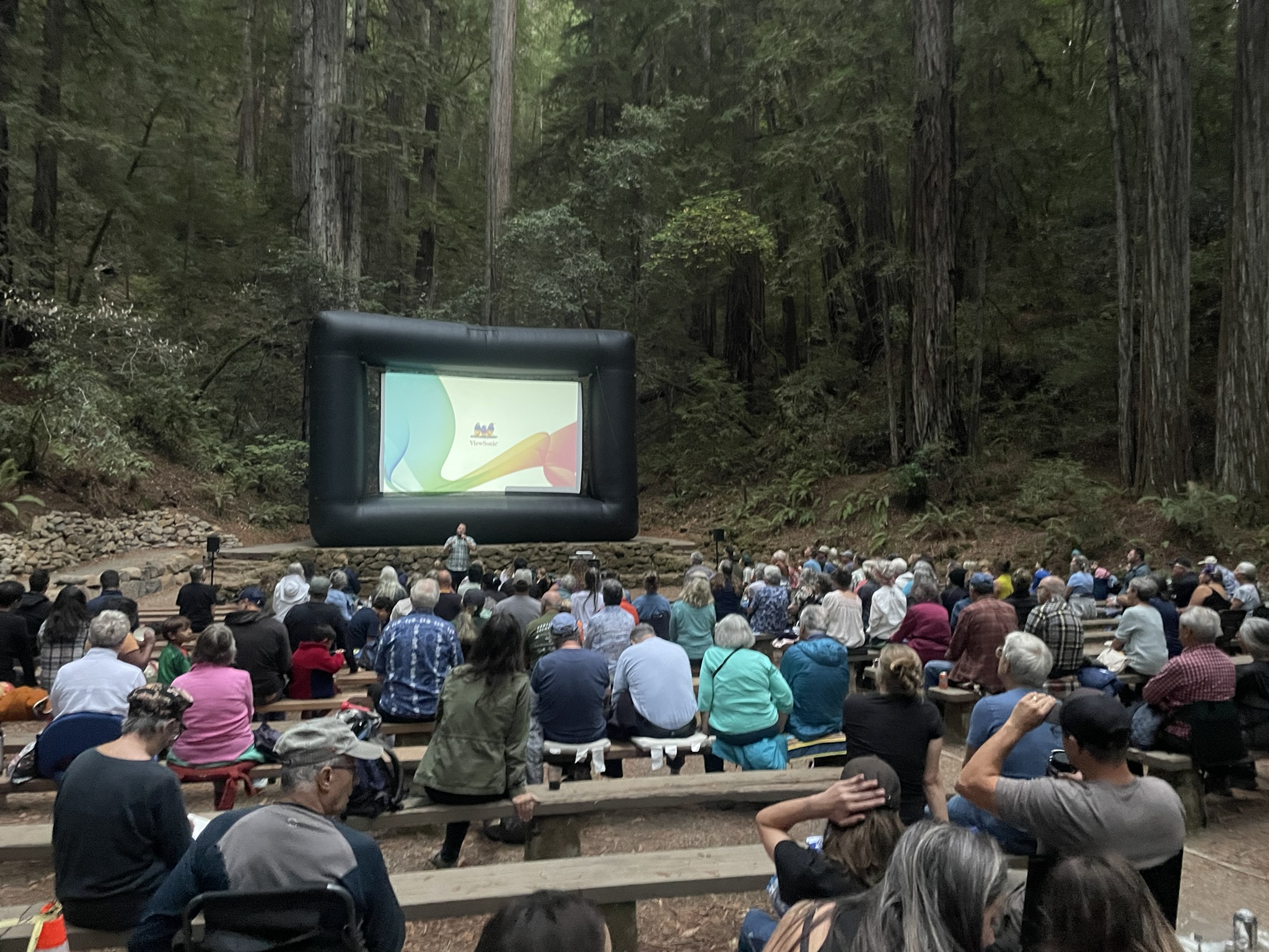 A large group of people sit on wooden benches, watching a film projected on an inflatable screen in a forested setting. Towering redwood trees surround the area, creating a natural amphitheater. The screen shows an introduction slide, and a person stands in front, possibly addressing the audience before the film begins.